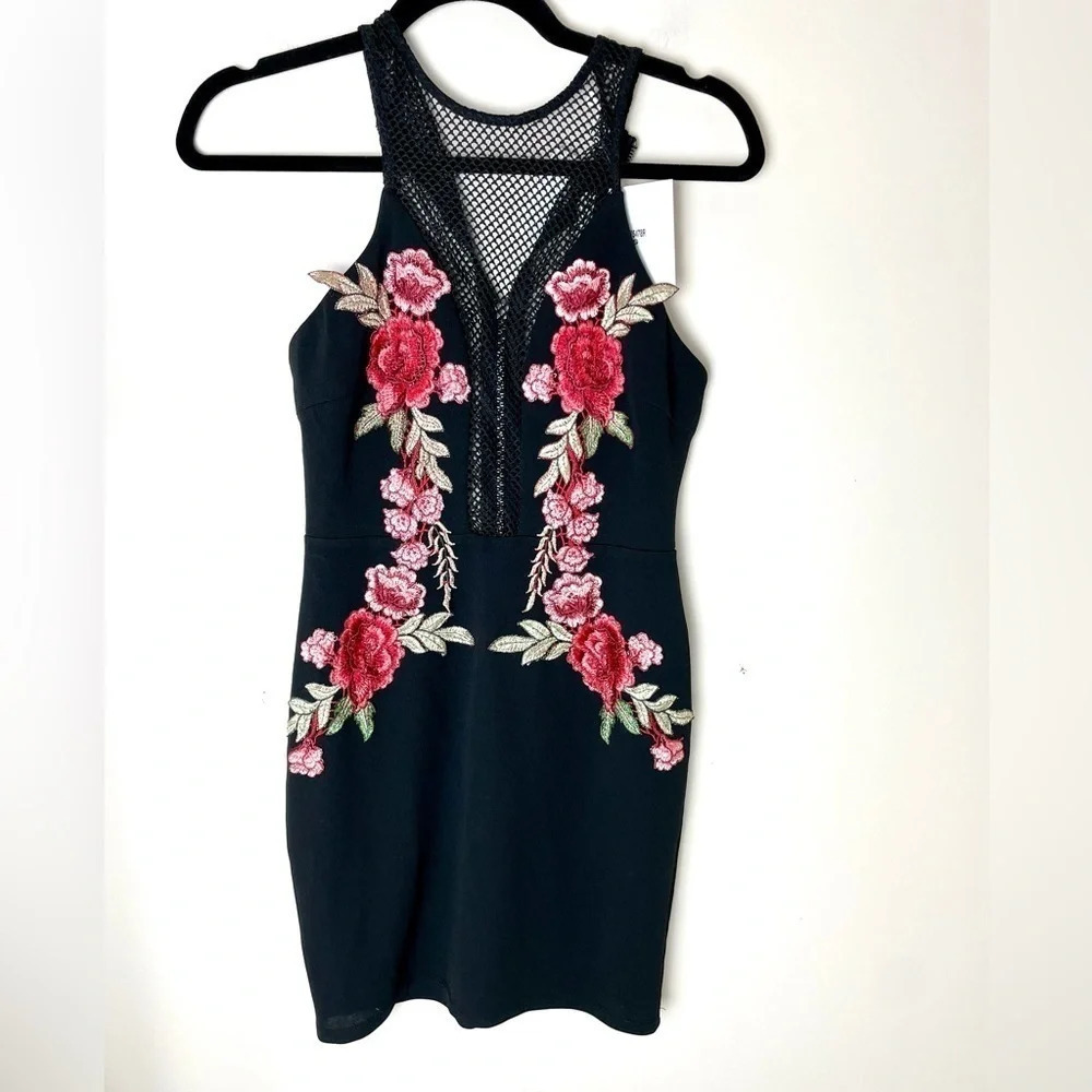 SEEK the Label | Black Floral Embroidered Mesh Panel Deep V Bodycon Dress Small
